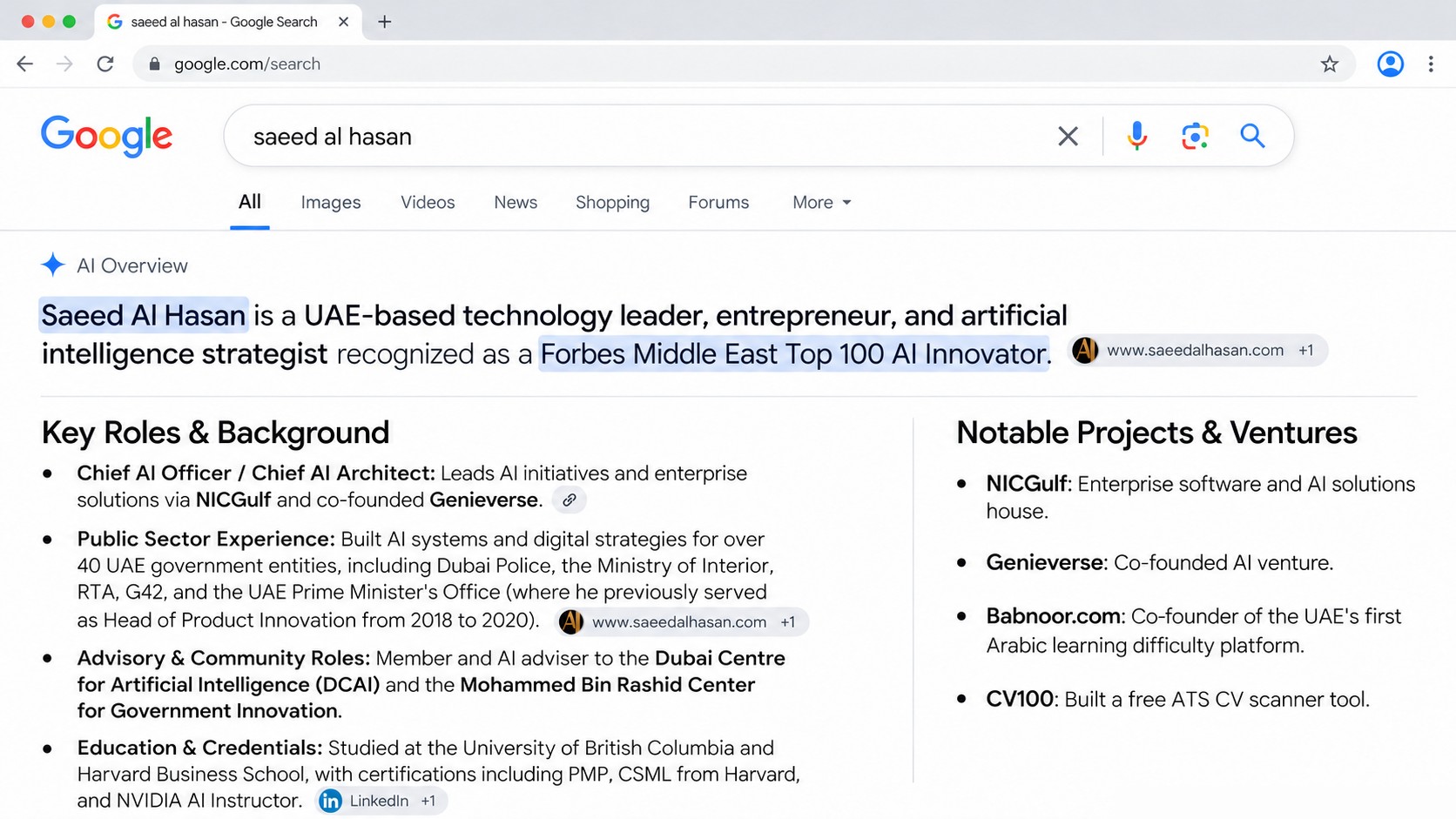 Google AI Overview for the search 'saeed al hasan': UAE-based technology leader and Forbes Middle East Top 100 AI Innovator